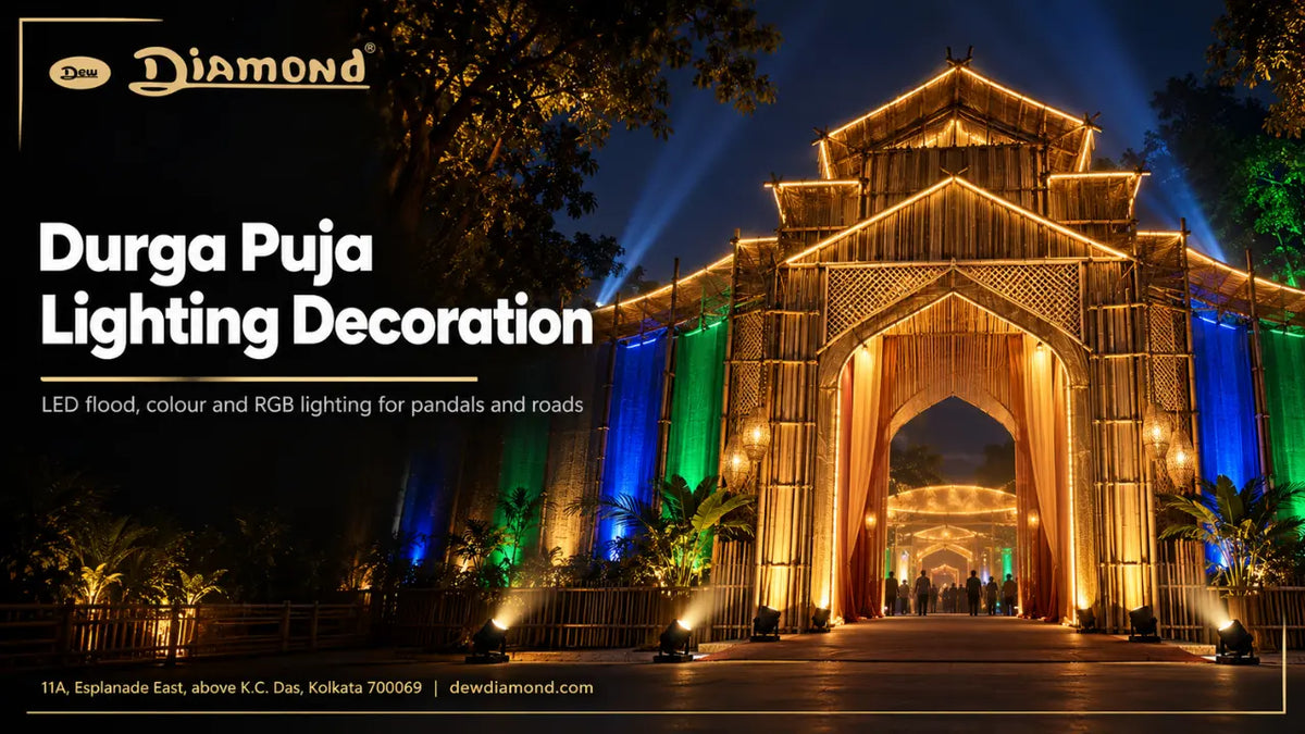 Durga Puja lighting decoration: a Kolkata pandal lit with LED flood lights and RGB rope lights