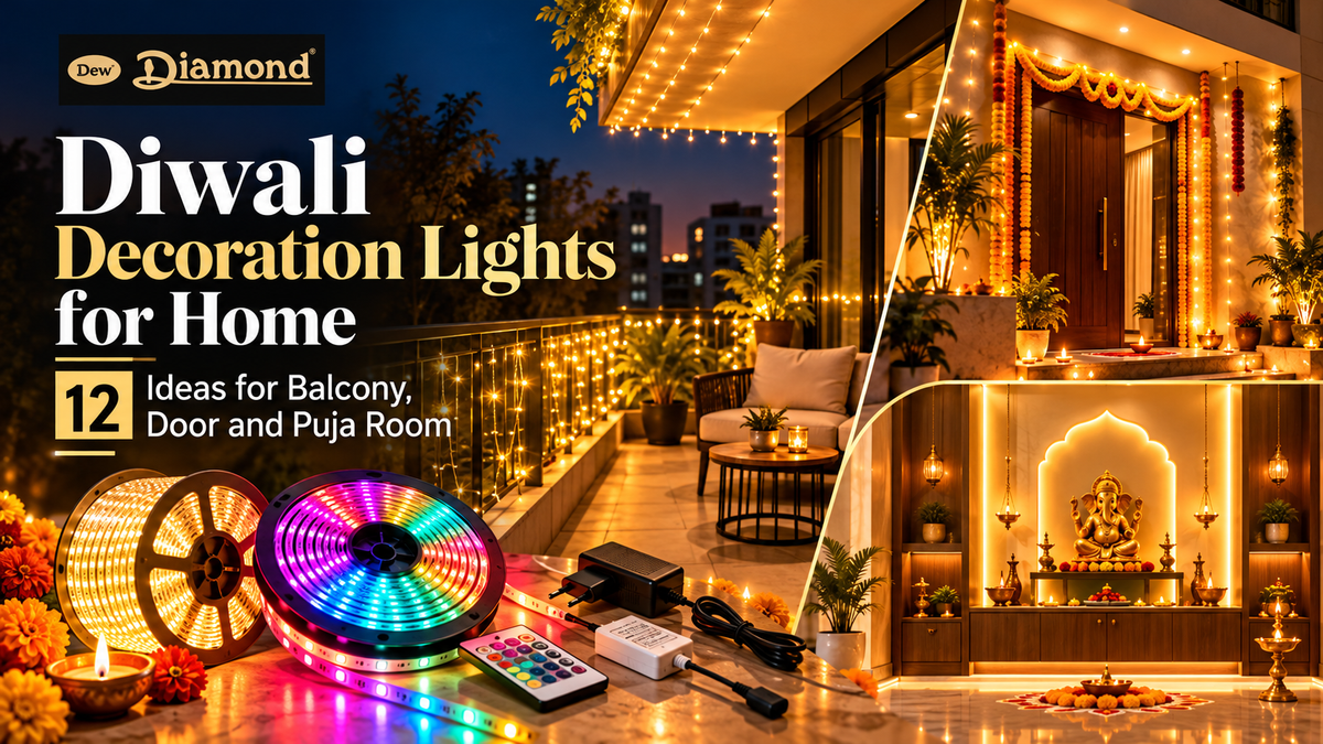 Diwali lights for home: warm white rope light on a Kolkata balcony railing at night