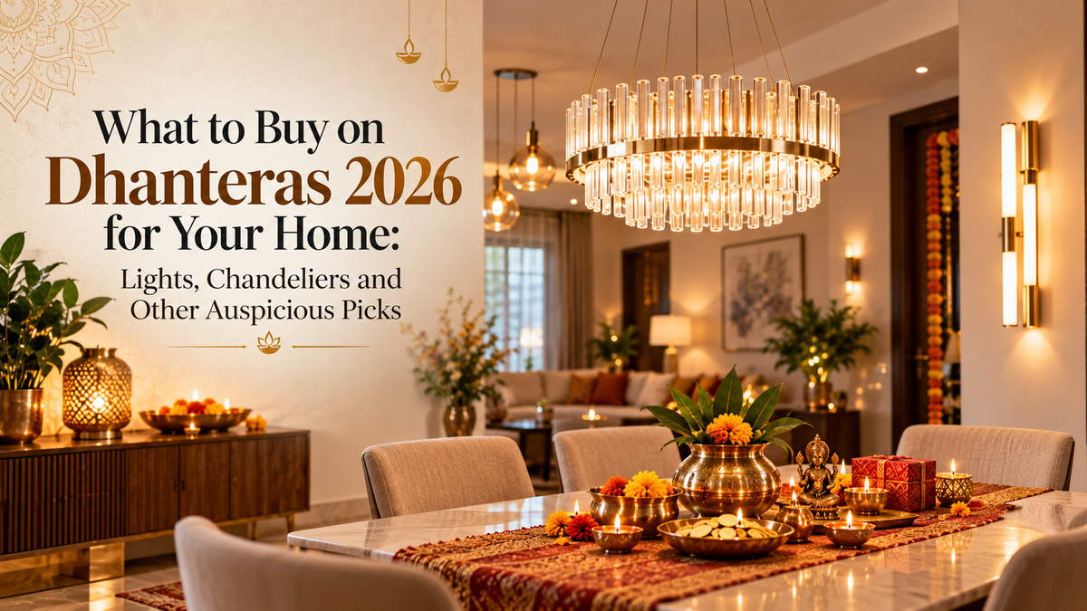 What to buy on Dhanteras 2026 for your home: chandelier, wall lights and brass puja items in a festive dining room