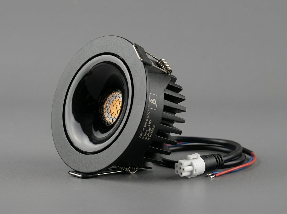 Diamond smart LED downlight with black heat sink housing and integrated cabling.