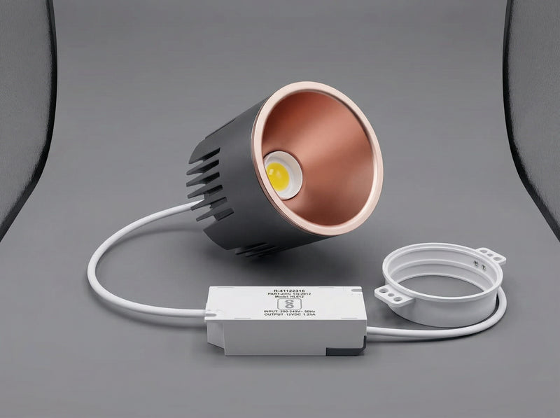 D2066R COB downlight with rose gold reflector and silver trim